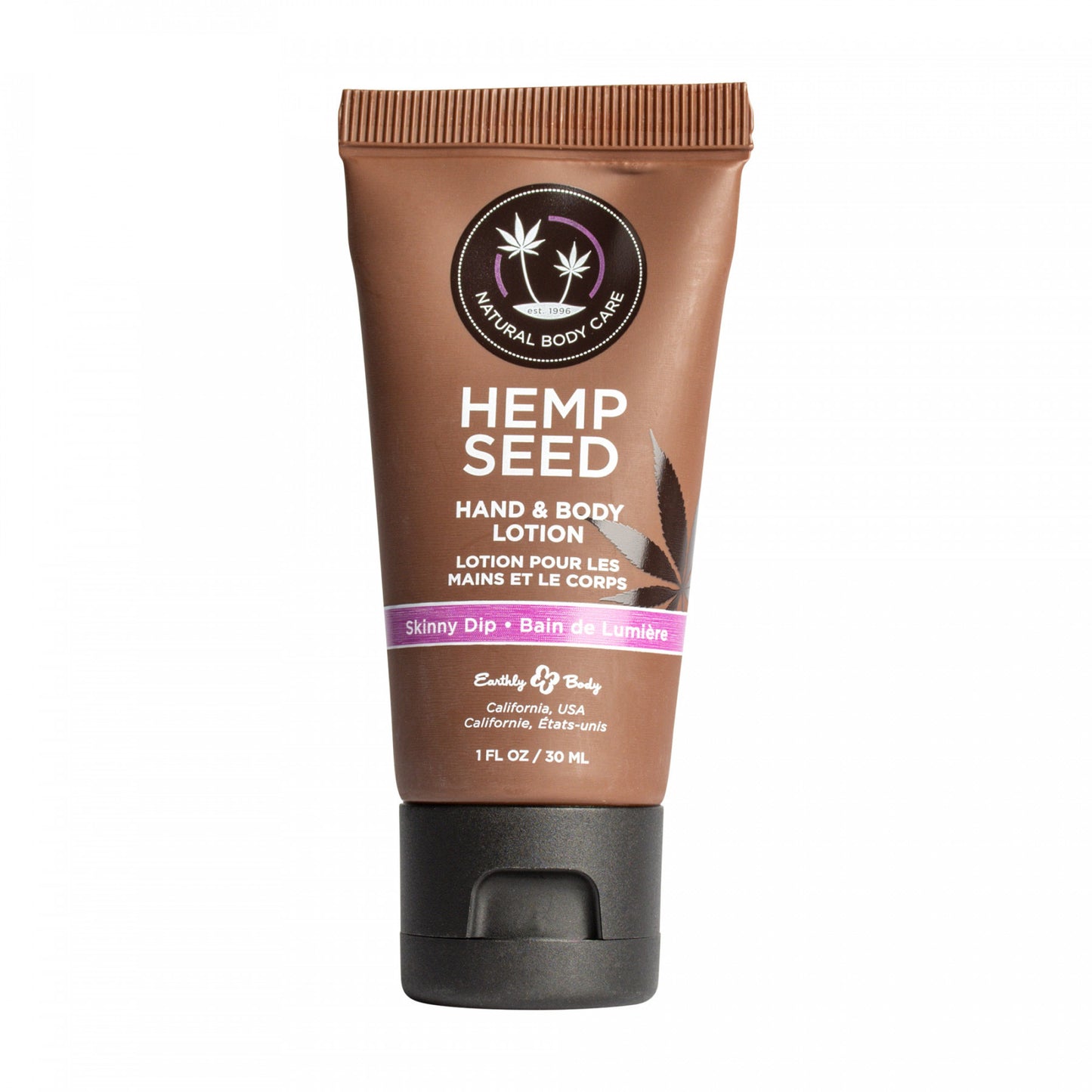 A small brown tube with black cap from Earthly Body. Scent Skinny Dip.