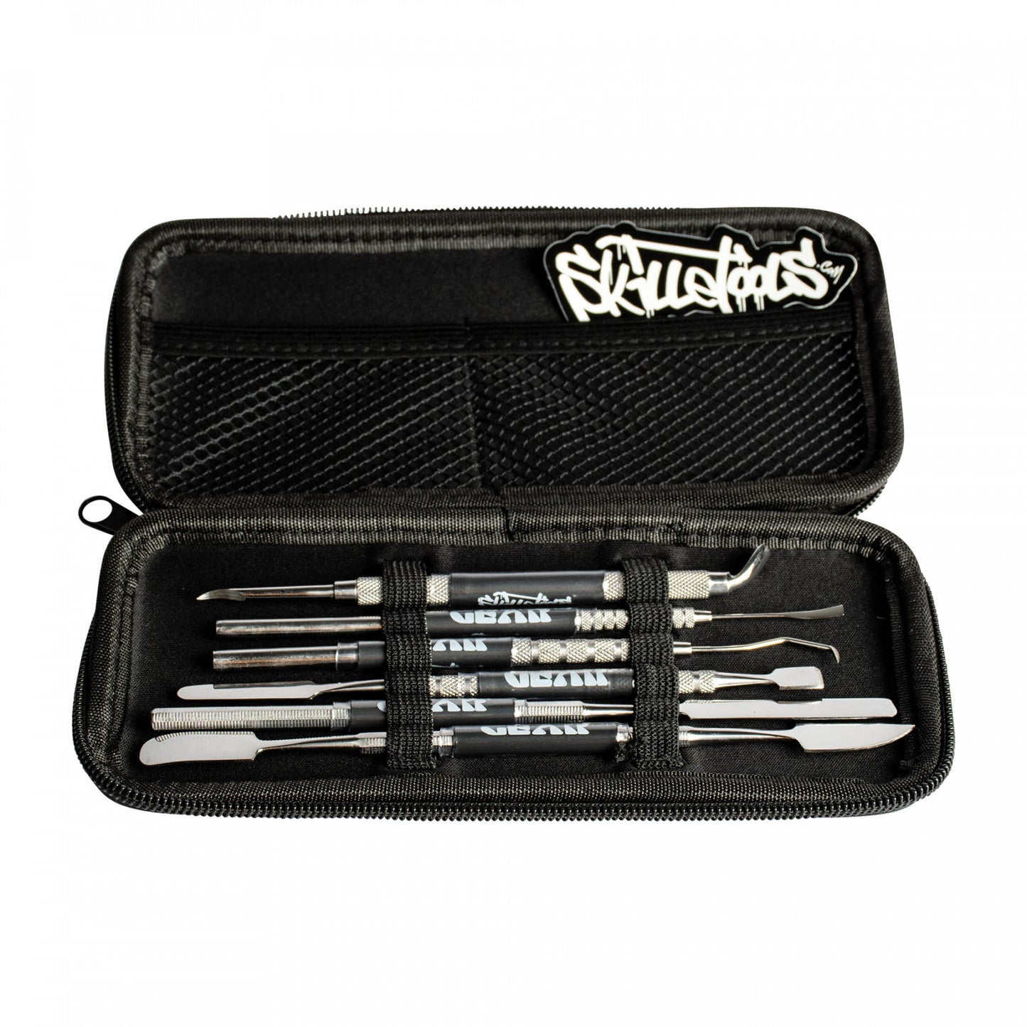 Black canvas case with 6 different metal tools inside