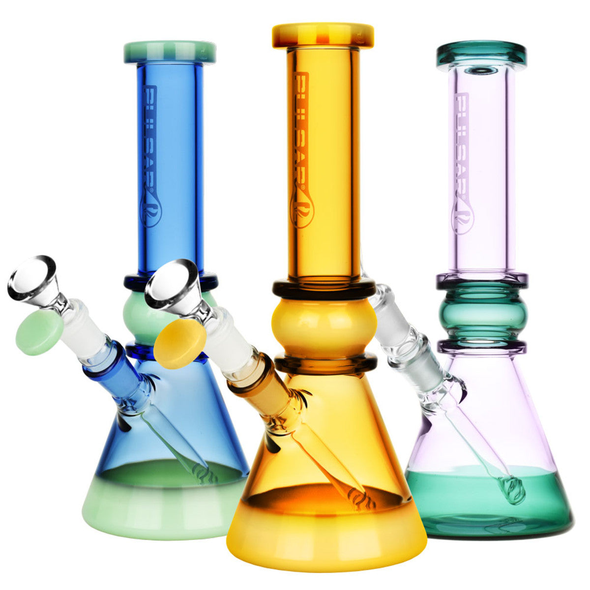 Group of three assorted colour glass beaker tubes