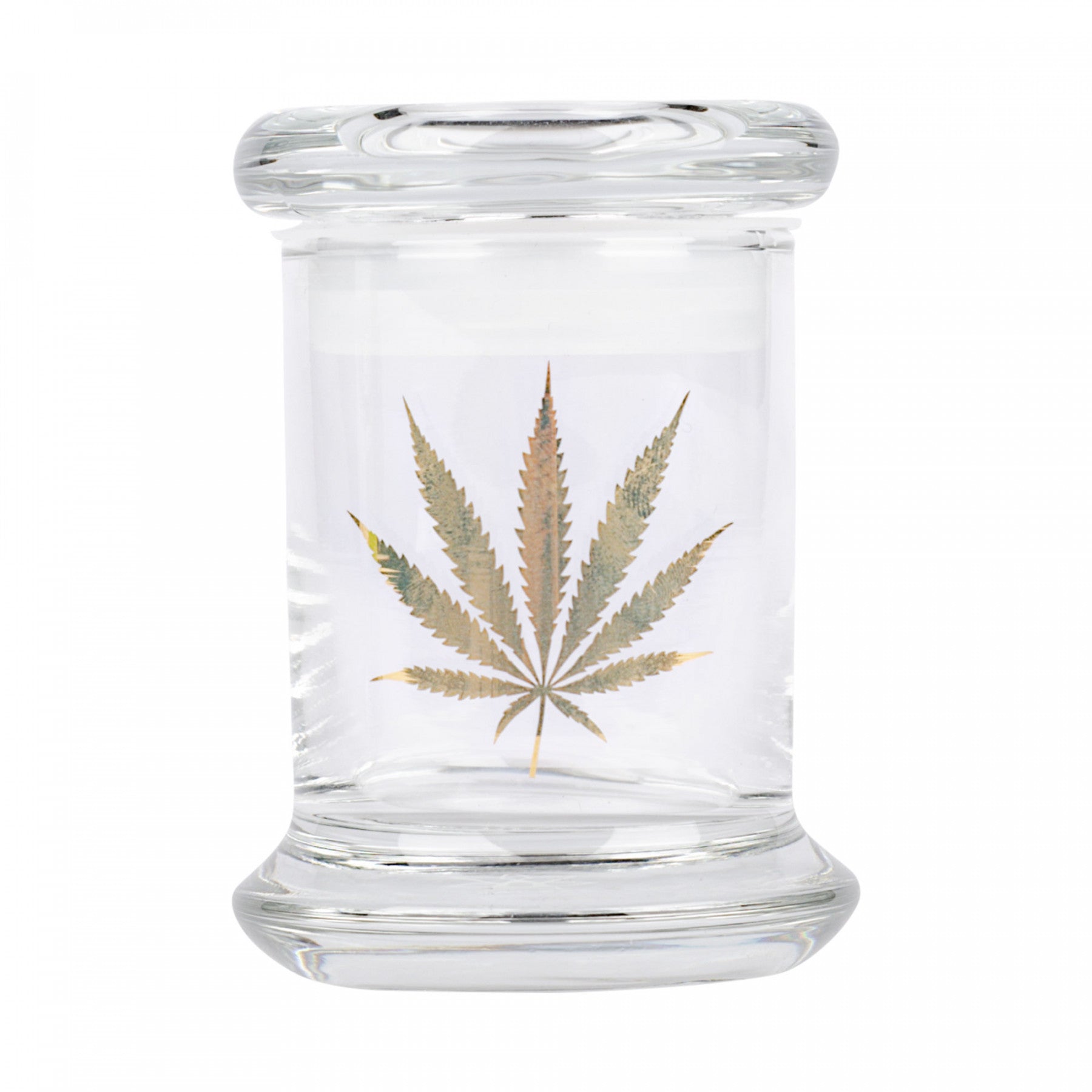Glass Pop Top Jar with Gold Cannabis Leaf