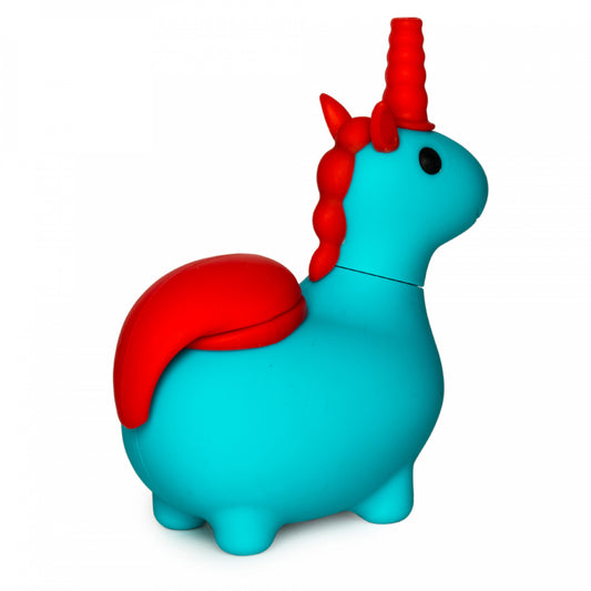 blue and red silicone unicorn hand pipe