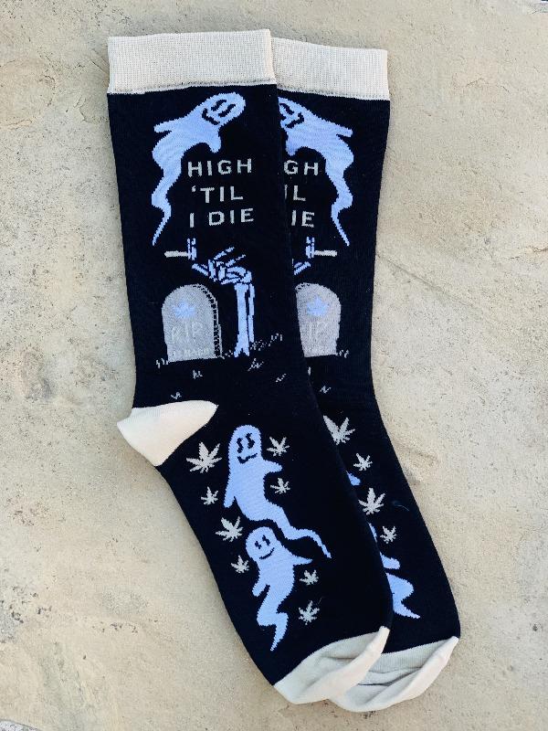 High 'Til I Die Women's Crew Socks By Groovy Things. Available At One Love Hemp Co. 1449 Kingsway, Vancouver, B.C., Canada