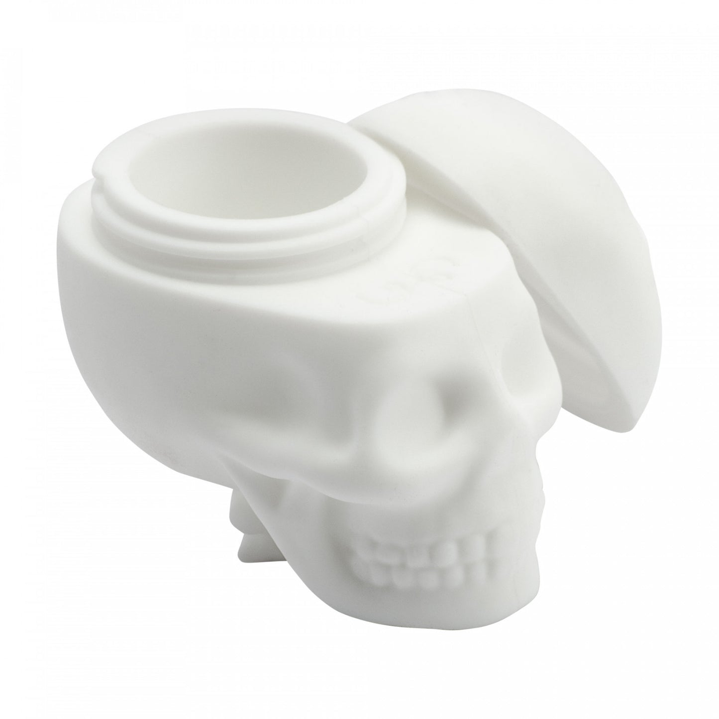 White Silicone Jar in the space of a skull with the lid to the side of the jar