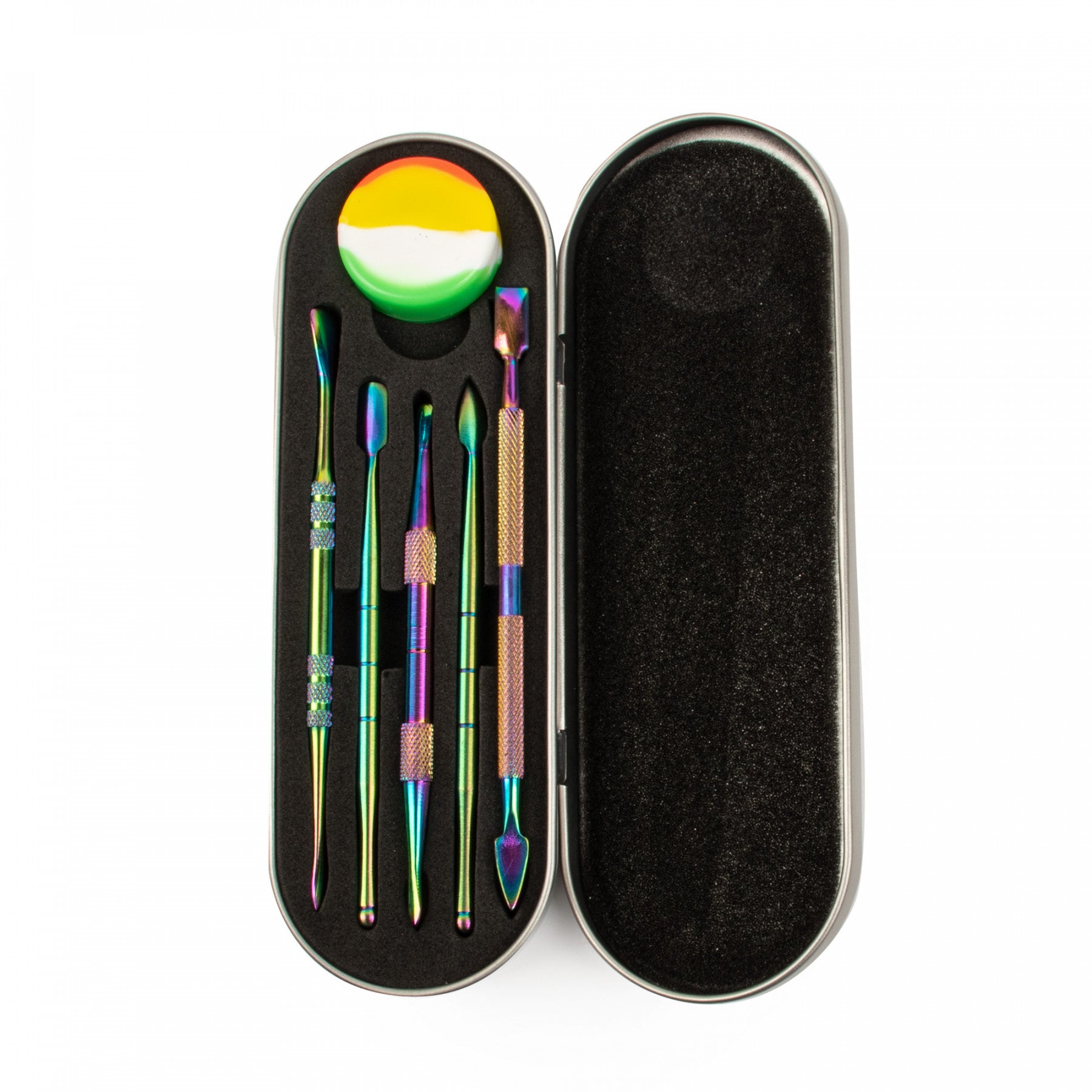 LIT SILICONE brand anodized steel dab tool kit with silicone dish and metal cary case.