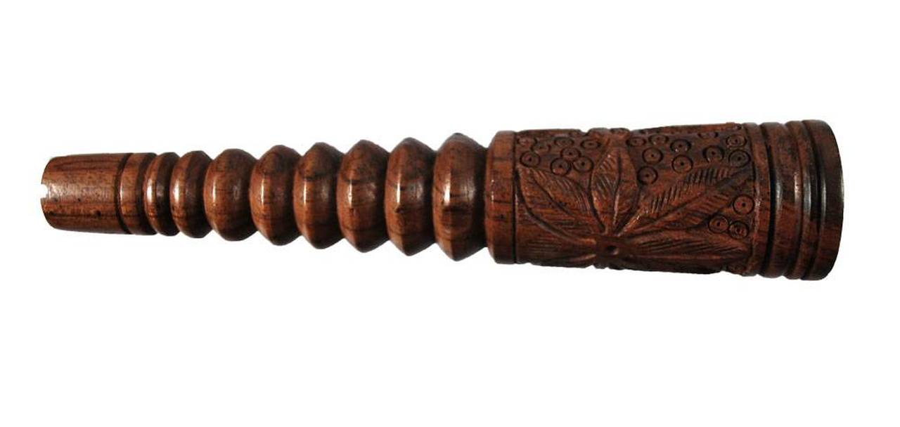 Wood Chillum with Carved Leaf Design