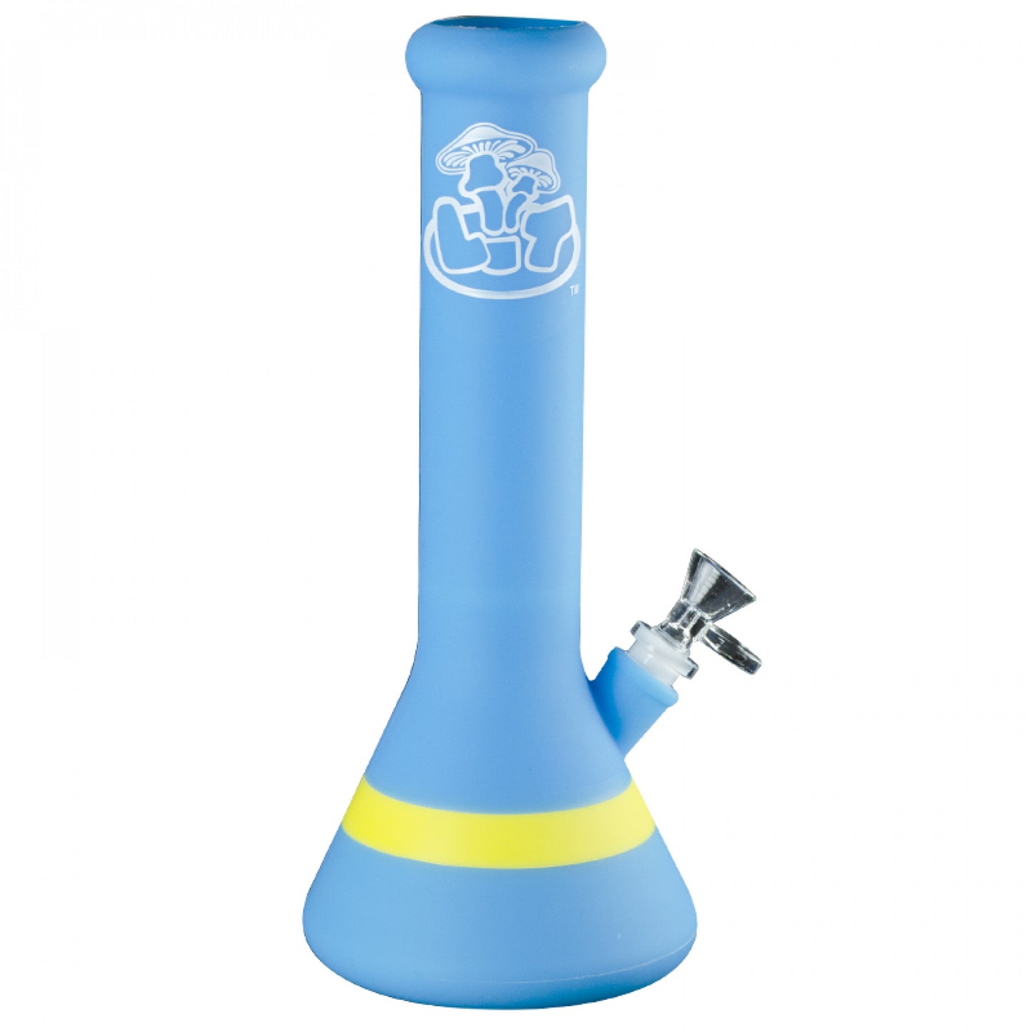 light blue bong with yellow stripe at the bottom, glass bowl and Lit logo.