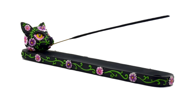 Black incense burner with cat head and pink and green floral design.  Headshop Vancouver Canada.