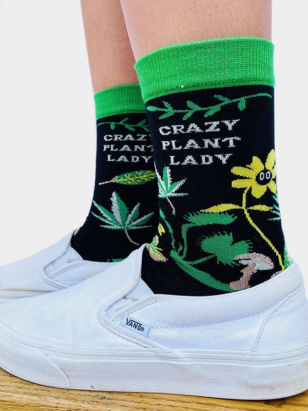 Crazy Plant Lady Women's Crew Socks By Groovy Things. Available At One Love Hemp Co. 1449 Kingsway, Vancouver, B.C., Canada