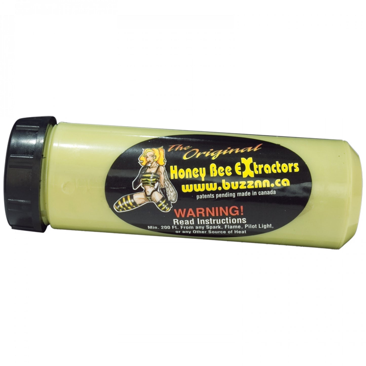 Green plastic tube with black lid and Honey Bee Extractor Decal