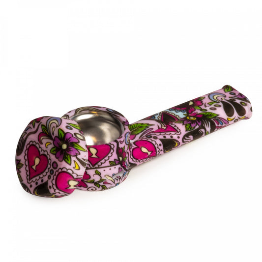 Lit Silicone Hand Pipe with Pink Sugar Skull Pattern