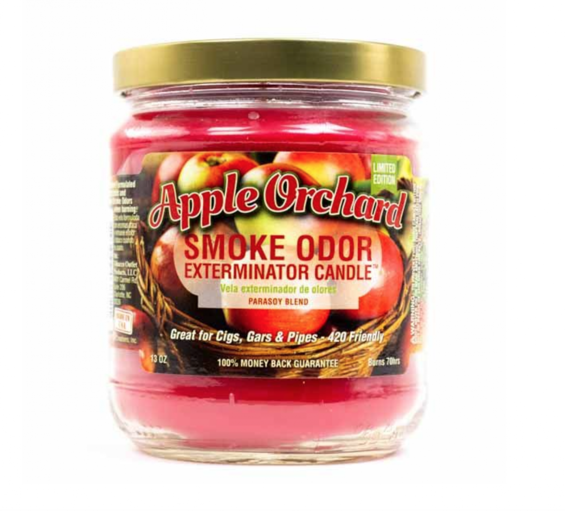 Red wax candle in Jar with Smoke Odor Label