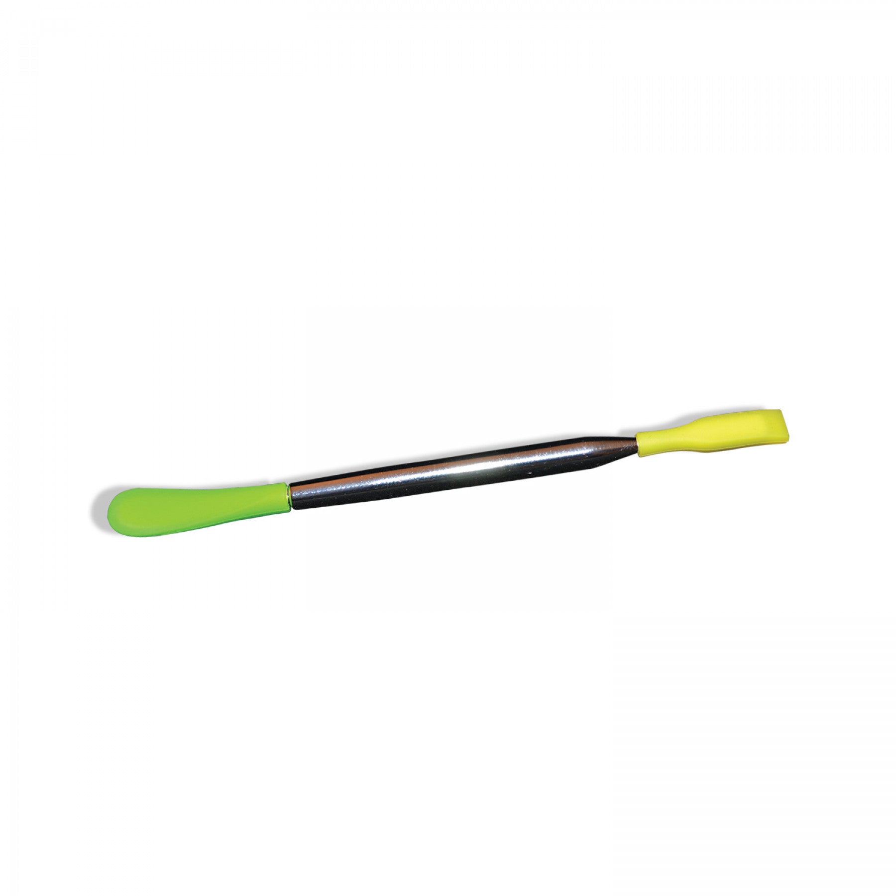 Metal tool with green and yellow silicone tips